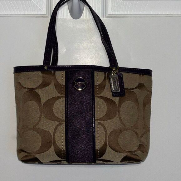 Y2K COACH SIGNATURE C STRIPE TOP HANDLE TOTE F48798 BRASS/KHAKI/PURPLE PURSE BAG - Picture 2 of 12